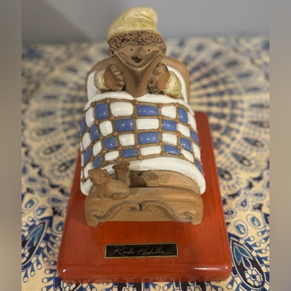 Signed Rodo Padilla Mexican Folk Art Clay Ceramic Sculpture Man Reading In Bed